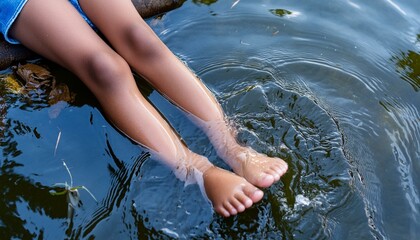 Close-up of kids legs relaxing in lake during hot summer day, top view