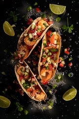 Three Shrimp Tacos Served with Fresh Vegetables and Lime