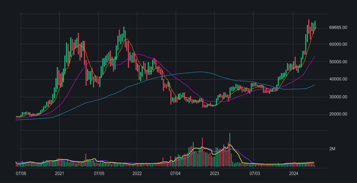 Bitcoin  trading chart with financial graph during  2021-2024  illsutration 