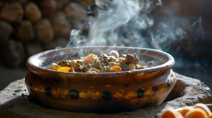 Traditional Moroccan Tagine with Lamb, Apricots, and Almonds, Steam Rising from Clay Pot