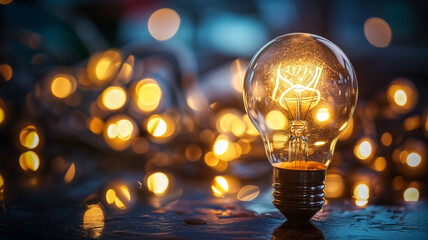 A single light bulb stands illuminated with a warm bokeh effect, symbolizing creativity and ideas.
