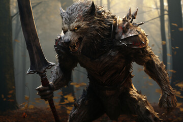 A giant humanoid wolf hold sword and stand in forest
