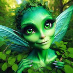 Portrait illustration of a green pretty fairy in the forest - obrazy, fototapety, plakaty
