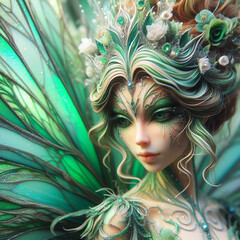 Portrait illustration of a green pretty fairy in the forest - obrazy, fototapety, plakaty