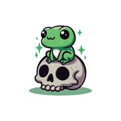 cute green frog cartoon character sitting on a skull vector illustration template design