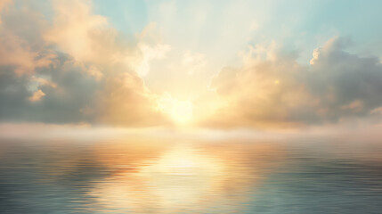 Obraz premium A dreamy ocean sunrise brimming with golden hues casting a soft glow over the ethereal seascape and mist