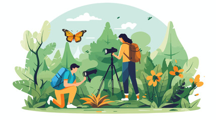 People explore insects and plants in nature. Biolog