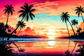 A panoramic view of a sunset over a tropical beach, with palm trees silhouetted against the colorful sky vector art illustration image.
