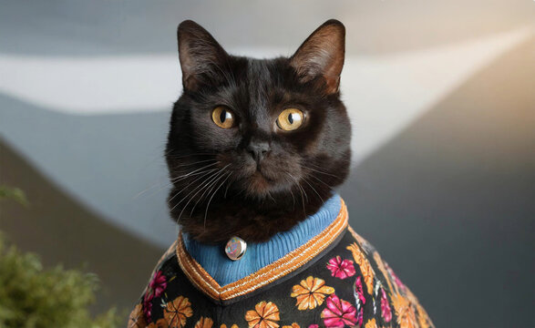 Studio shot of a cat wearing an ugly sweater.