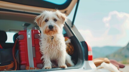Summer road trip with pet, A dog sitting in car trunk with luggage ready for a vacation trip - obrazy, fototapety, plakaty
