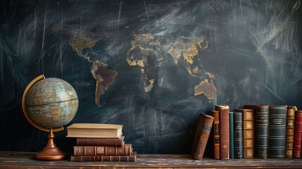 A chalkboard with a globe and books on it - obrazy, fototapety, plakaty