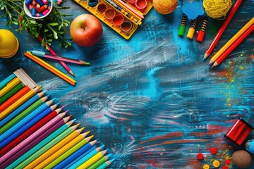 A colorful assortment of art supplies, including pencils, crayons, and markers - obrazy, fototapety, plakaty