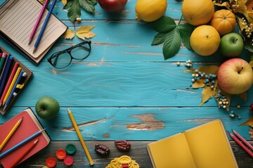 A blue wooden table with a variety of fruits and school supplies - obrazy, fototapety, plakaty