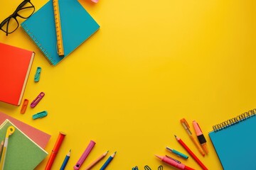A yellow background with a variety of school supplies including pens, pencils - obrazy, fototapety, plakaty
