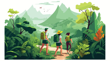 People hiking in jungle forest. Hikers exploring na - obrazy, fototapety, plakaty