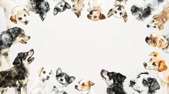 Circle of various dogs on a white background.