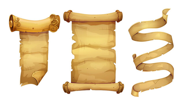 Parchment scroll and long ribbon with empty space for text. Magic game ui icons and assets of papyrus roll and sheet. Cartoon vector illustration set of blank ancient paper. Medieval frame and banner