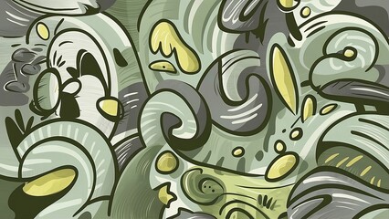 An abstract design with various strokes and swirls, in the style of light green and dark gray, vibrant cartoonish, playful shapes, colorful curves, sgrafitto, simplified forms and shapes