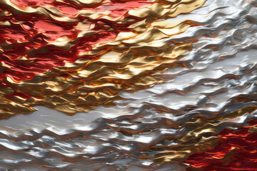 Holographic red, gold and silver impasto abstract acryl background. Gradient colors with foil effect in trends