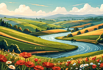 A picturesque countryside scene with rolling hills, fields of flowers, and a winding river vector art illustration image.
