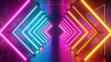 Abstract background of arrows facing each other to leave or enter a room in neon colors