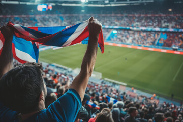 Fan holding flag in stadium during soccer game