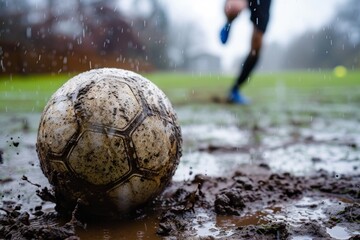 Muddy soccer ball on field during rain with player in motion