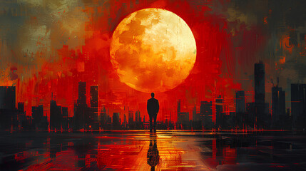 A man standing in front of the city skyline, In digital art style. Abstract painting. Ai Generative