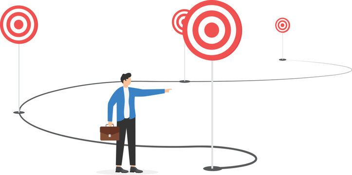 Business project milestones vector concept, journey or execution to achieve business success, businessman holding target on milestones reaching target
