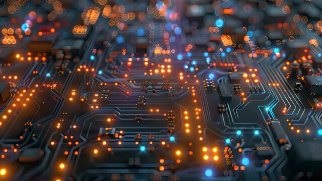 Close up of a microchip with electric pulses and blue light emissions