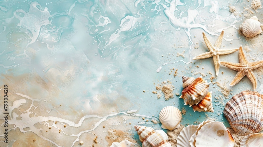 Poster a calming minimalist print featuring subtle watercolorinspired textures of seashells and starfish..