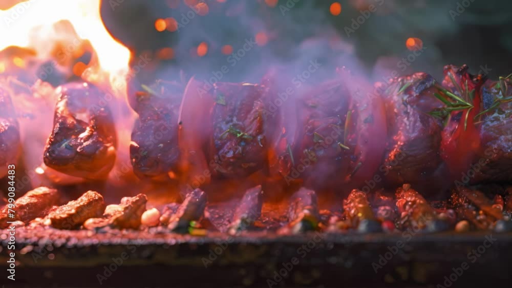 Poster create digital art of beef shish kabobs grilling utilizing neural network technology. concept digita