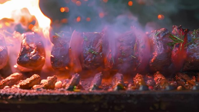 Create digital art of beef shish kabobs grilling utilizing neural network technology. Concept Digital Art, Food Illustration, Grilling, Shish Kabobs, Neural Network Technology