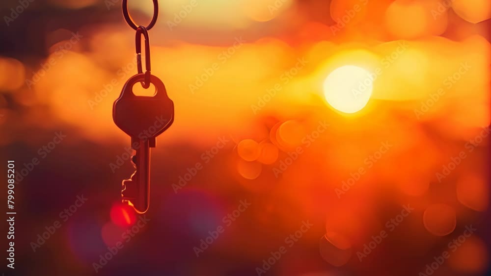 Poster a key is hanging from a chain and is in front of a sunset