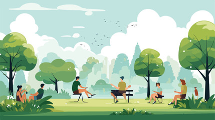 People relaxing in park nature. Couples friends sit