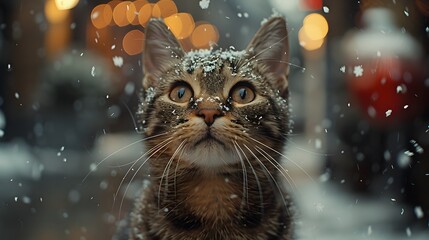 the adorable antics of a cute cat as it navigates the snowy streets of London adorned with festive decorations, bathed in the warm glow of cinematic light - obrazy, fototapety, plakaty