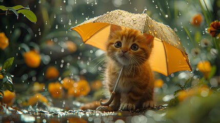 Step into a scene straight out of a storybook as you witness a charming cartoon kitten braving the rain with a small umbrella in hand. - obrazy, fototapety, plakaty