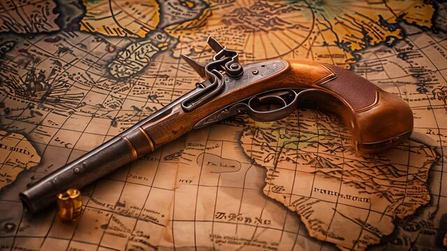 A gun is on a map of the world. The gun is a pistol and is brown in color