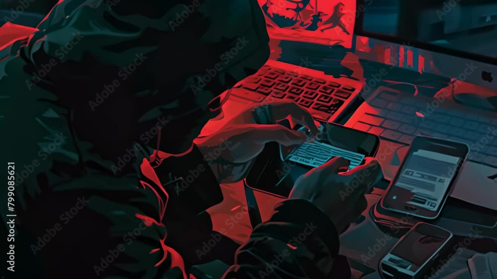 Poster cyber criminal conducting a sim swap attack to hijack phone numbers and bypass security for illegal 