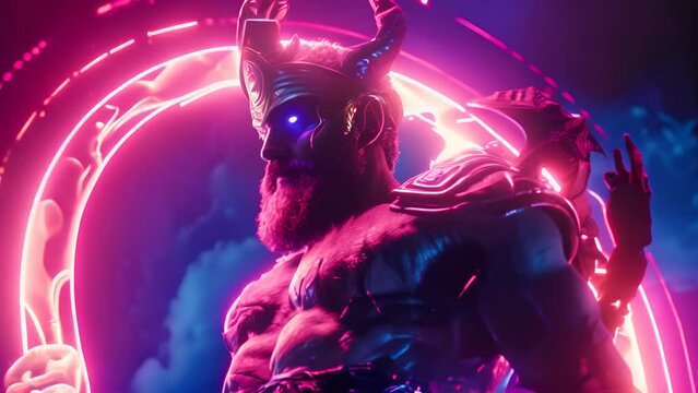 Greek god Ares, depicted with a fierce neon glow, exudes the aura of war and readiness for battle