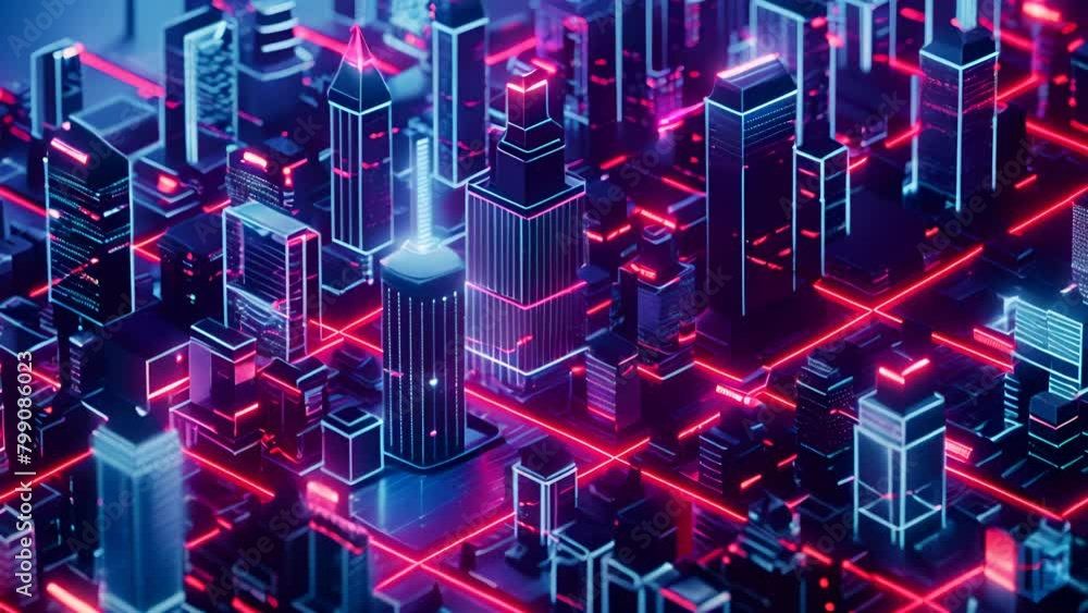 Poster a cityscape with buildings and a red line running through it. the buildings are lit up in neon color