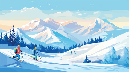 People snowboarding and riding tubing at ski resort - obrazy, fototapety, plakaty