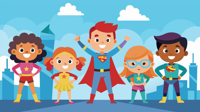 A group of kids practicing their superhero poses and catchphrases ready to defend their neighborhood from imaginary villains for a day.