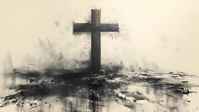 A cross is shown in a black and white image with a lot of smoke and splatter