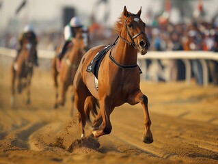 A horse is running in a race with other horses and people watching. The horse is wearing a saddle and is the only one in the foreground