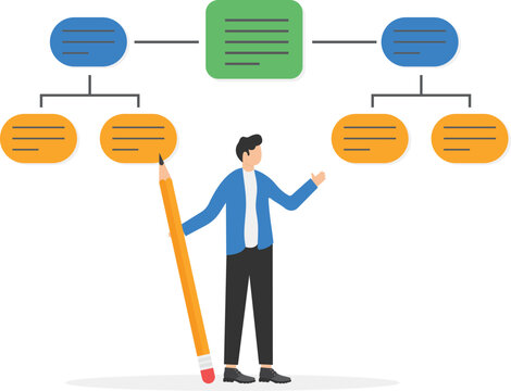 Data analysis, research concept or complex process flow chart, business flowchart. Manager works with algorithm scheme, information structure, system
