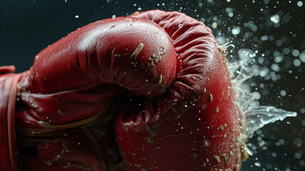 High-speed shot of a powerful punch with a red boxing glove causing a dramatic water splash, emphasizing strength and speed.
