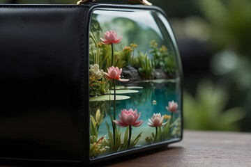 A black purse with colorful flowers adorning it sits on a surface. The purse has a strap and is adorned with three flowers in varying sizes and colors. The largest flower is orange with black centers,