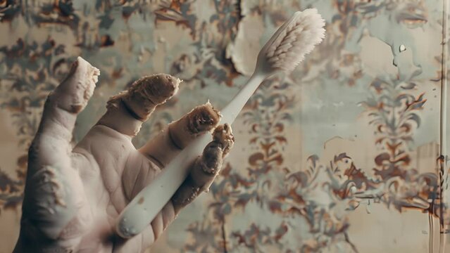 A zombie's hand holding a decayed toothbrush, bristles falling out, against a backdrop of tattered wallpaper. The image has a creepy and unsettling mood