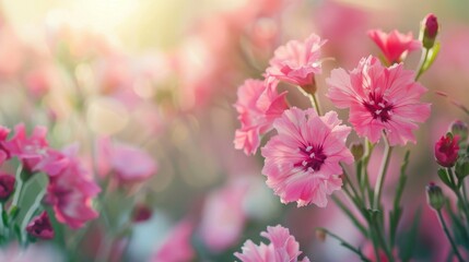 Obraz premium Pink flowers in field with sunlight background